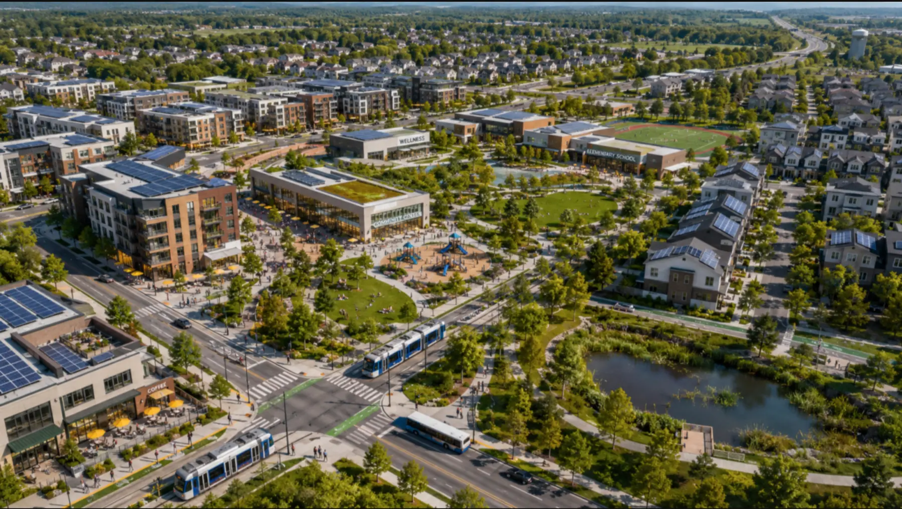 Aerial view of a complete mixed-use community with homes, schools, public space, transit and green infrastructure