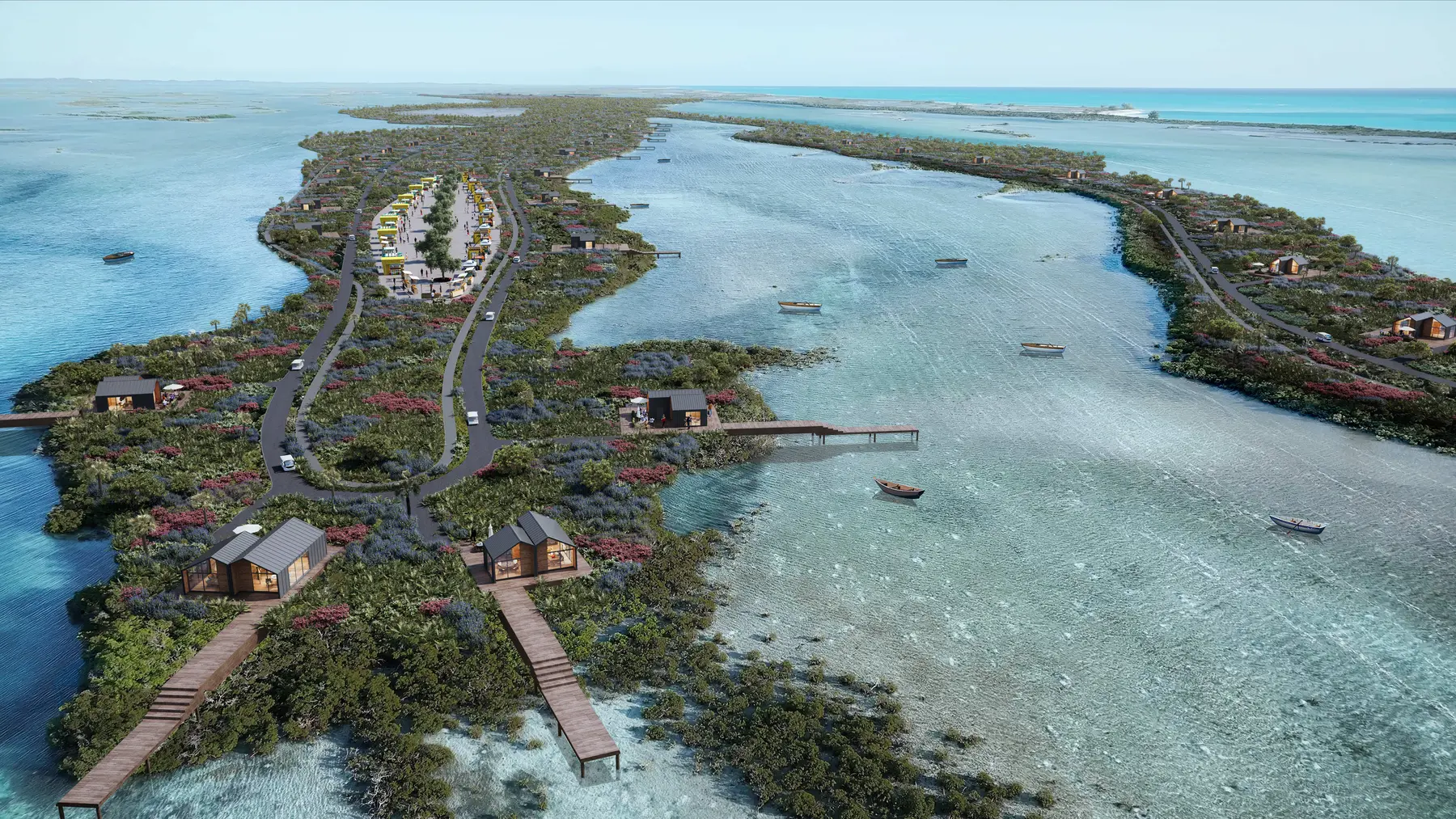 Aerial visualization of the Chrysalis resort and marina plan