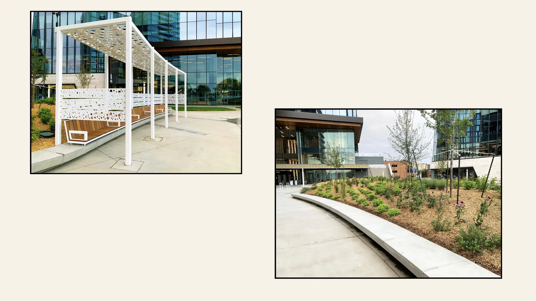 Built detail studies of the trellis and planted edges at K.W. Nasser Plaza