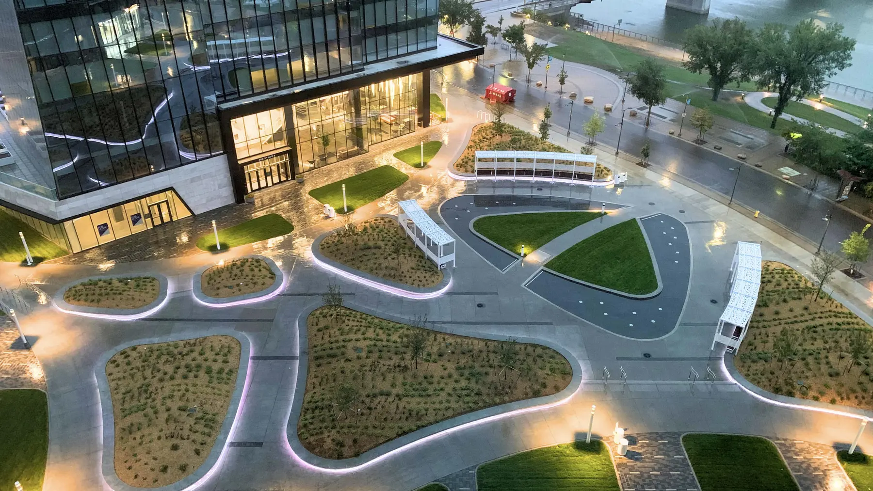 Aerial dusk view of K.W. Nasser Plaza and its illuminated pathways