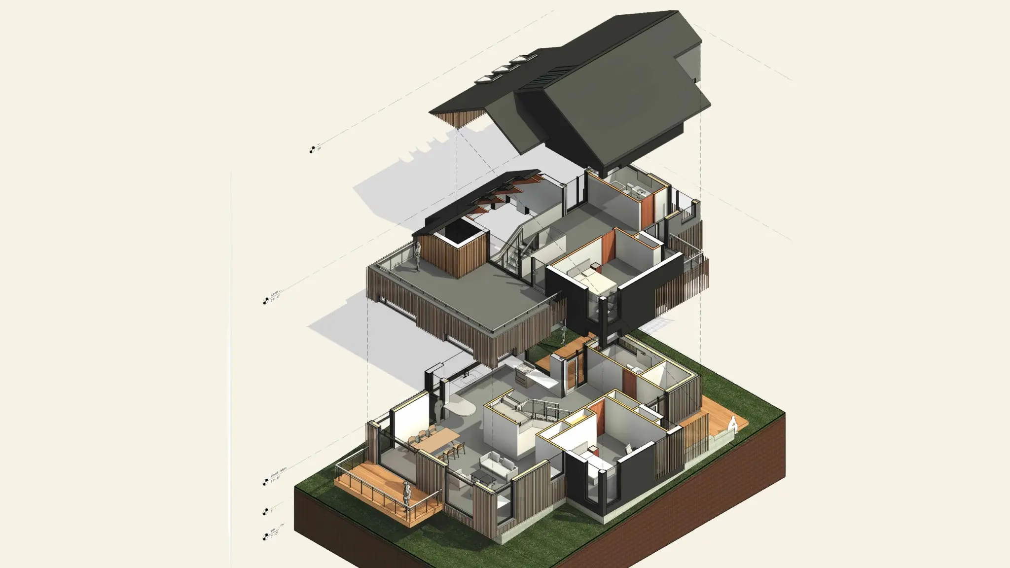 Exploded axonometric drawing of a Whisper Ridge modular residence prototype