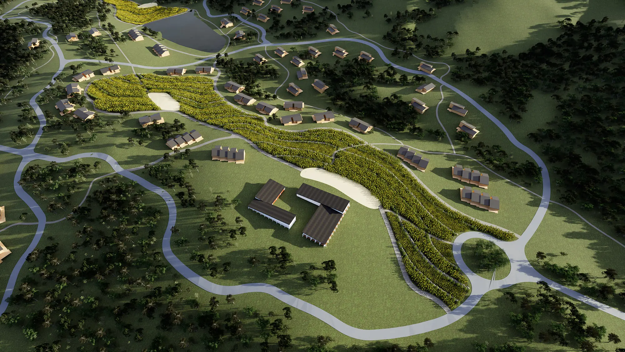 Aerial overview of the Whisper Ridge resort village and regenerative landscape