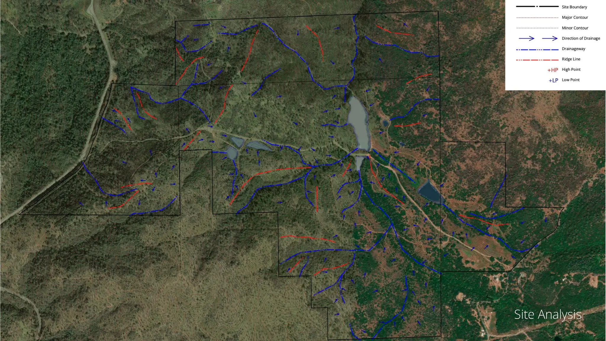Whisper Ridge site analysis showing drainage, ridgelines and landscape conditions
