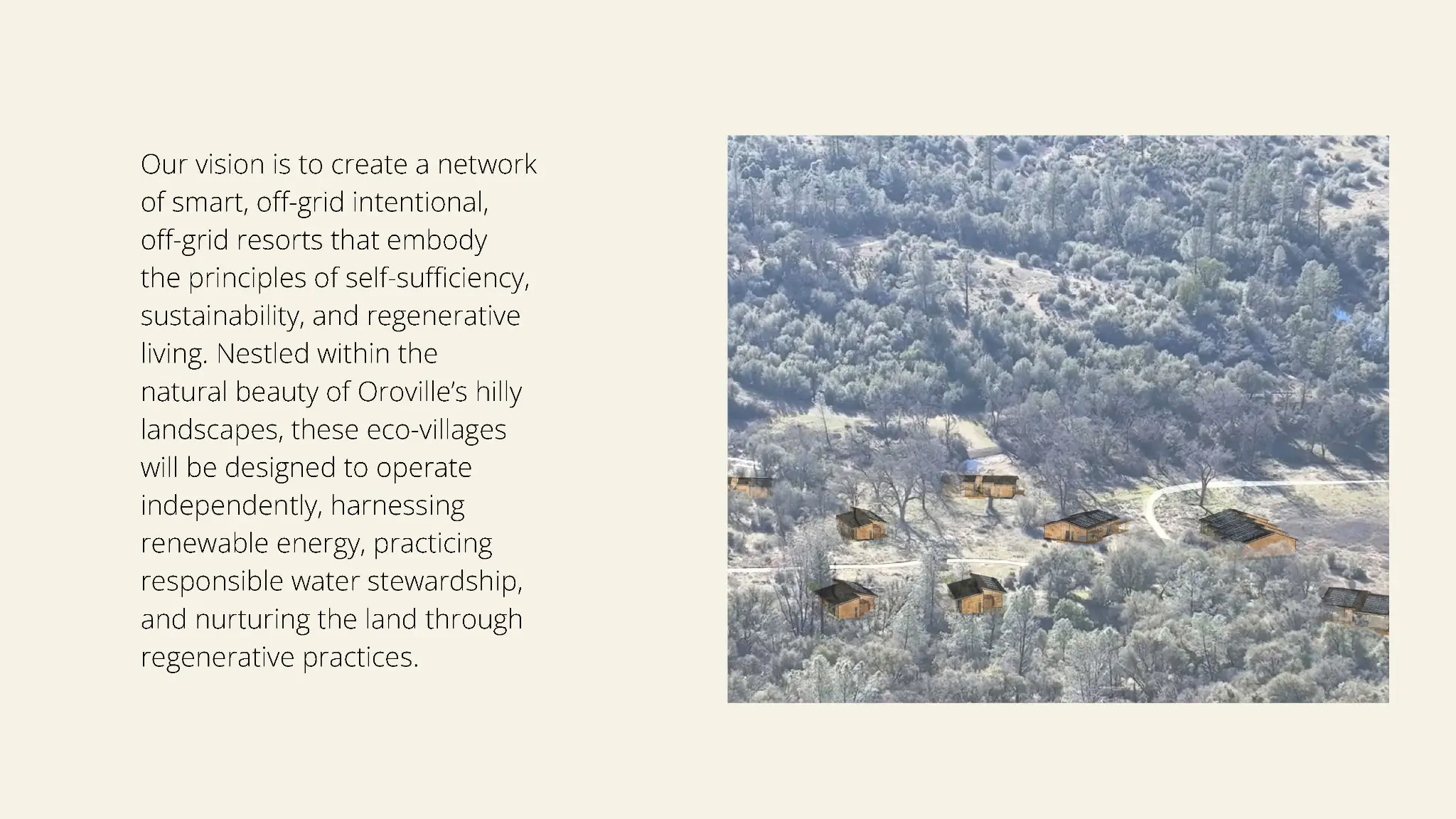 Whisper Ridge off-grid resort vision and village visualization